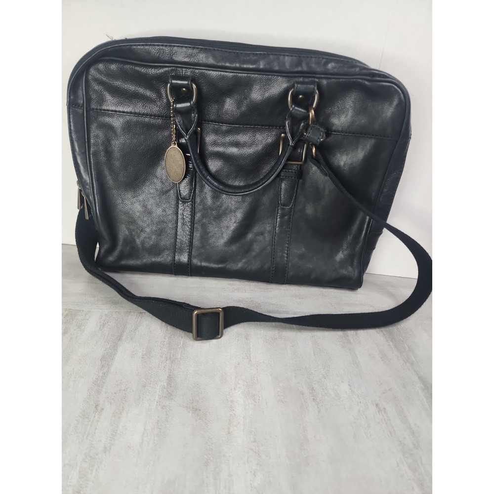 Fossil Black Pebble Leather Briefcase Laptop Bag Handles & Shoulder Strap